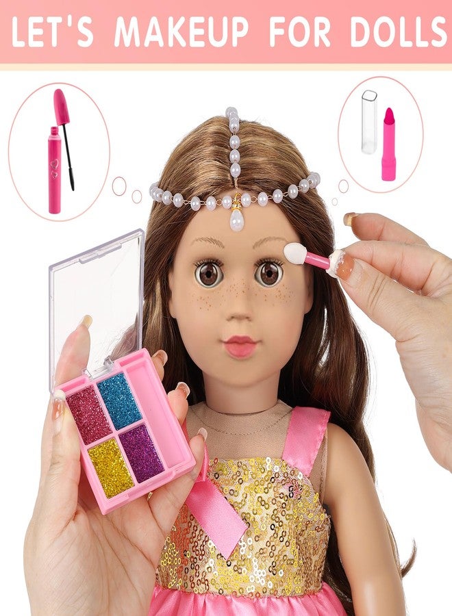 DONTNO American 18 Inch Doll Makeup Accessories and Princess Dress Set,Included 2 Pieces Clothes,Cute Messenger Bag,Pearl Headwear,Lipstick,Eyelash Brush,Eye Shadow,Butterfly Hair Clip and Nail Tool(NO DOLL) - Image 4